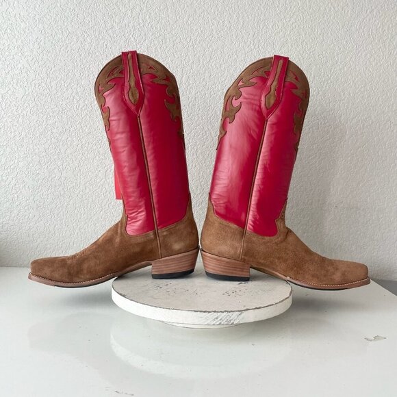 Rod Patrick Mens Cowboy Boots 14AAAA Brown Rough Out Blunt Toe Red Top Western - Picture 8 of 11